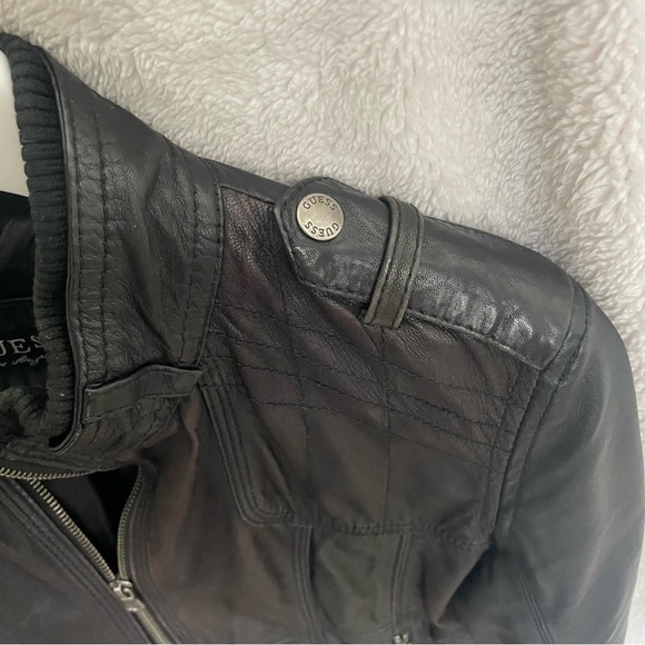 Womens GUESS LOS ANGELES LEATHER ZIP BOMBER JACKET BLACK Size M - Picture 7 of 13